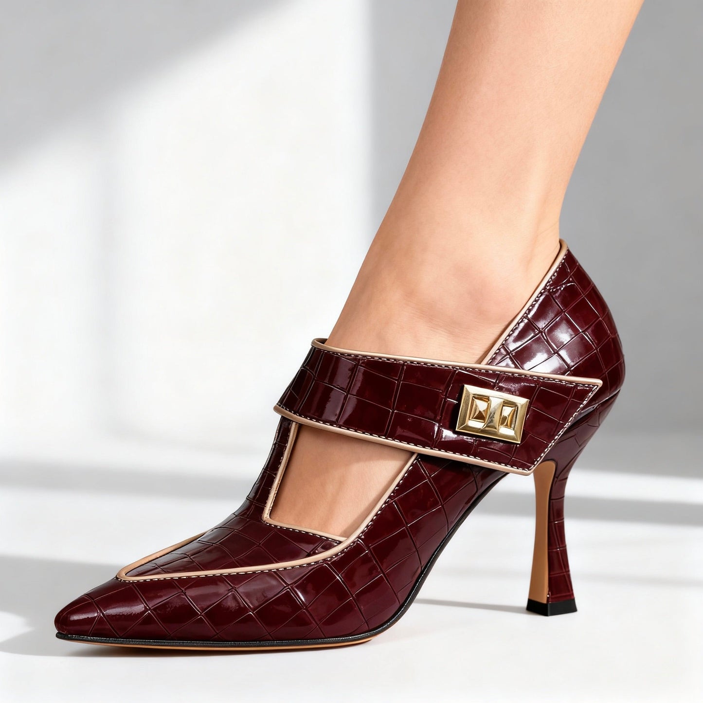 Women's Croc-Embossed Black T-Strap Heels Corvine