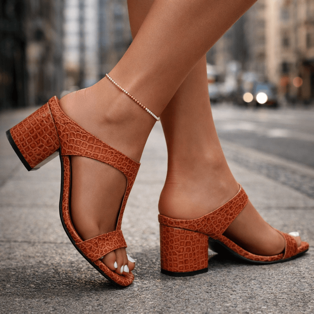 Women's Croc-Embossed Genuine Leather Sandals | Stylish Open-Toe Block Heel Shoes