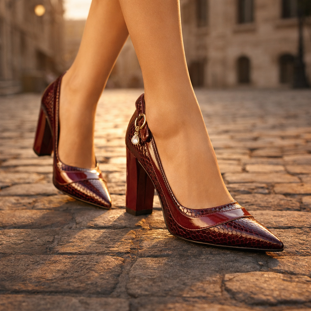 Women's Croc-Embossed Leather Block Heel Shoes Corvine