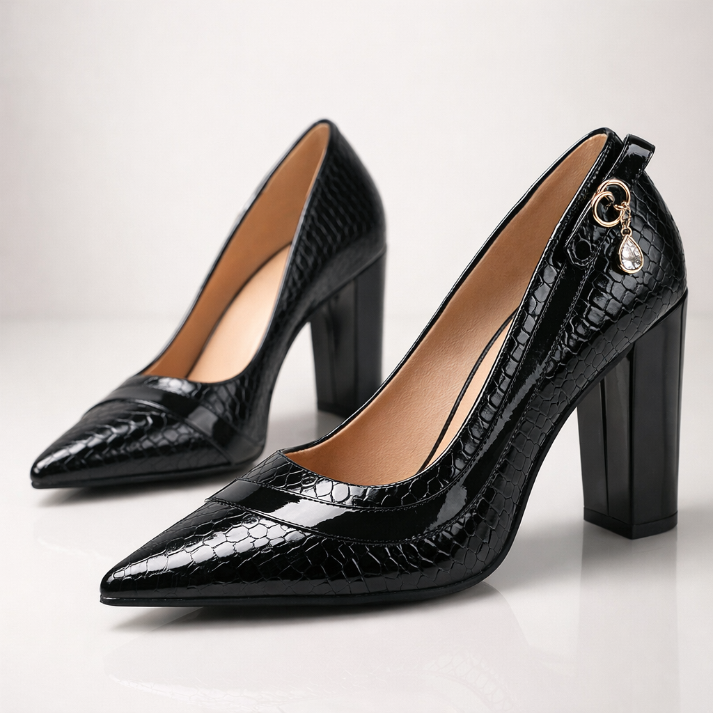 Women's Croc-Embossed Leather Block Heel Shoes Corvine