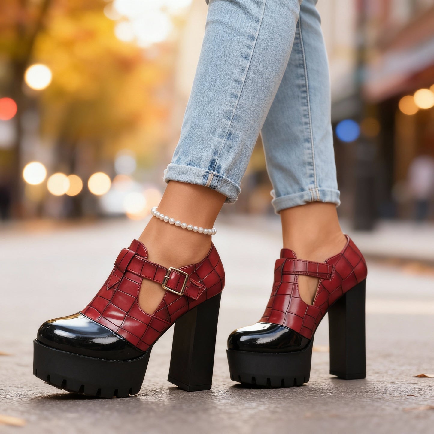 Women's Croc-Embossed Leather Block Heels Corvine