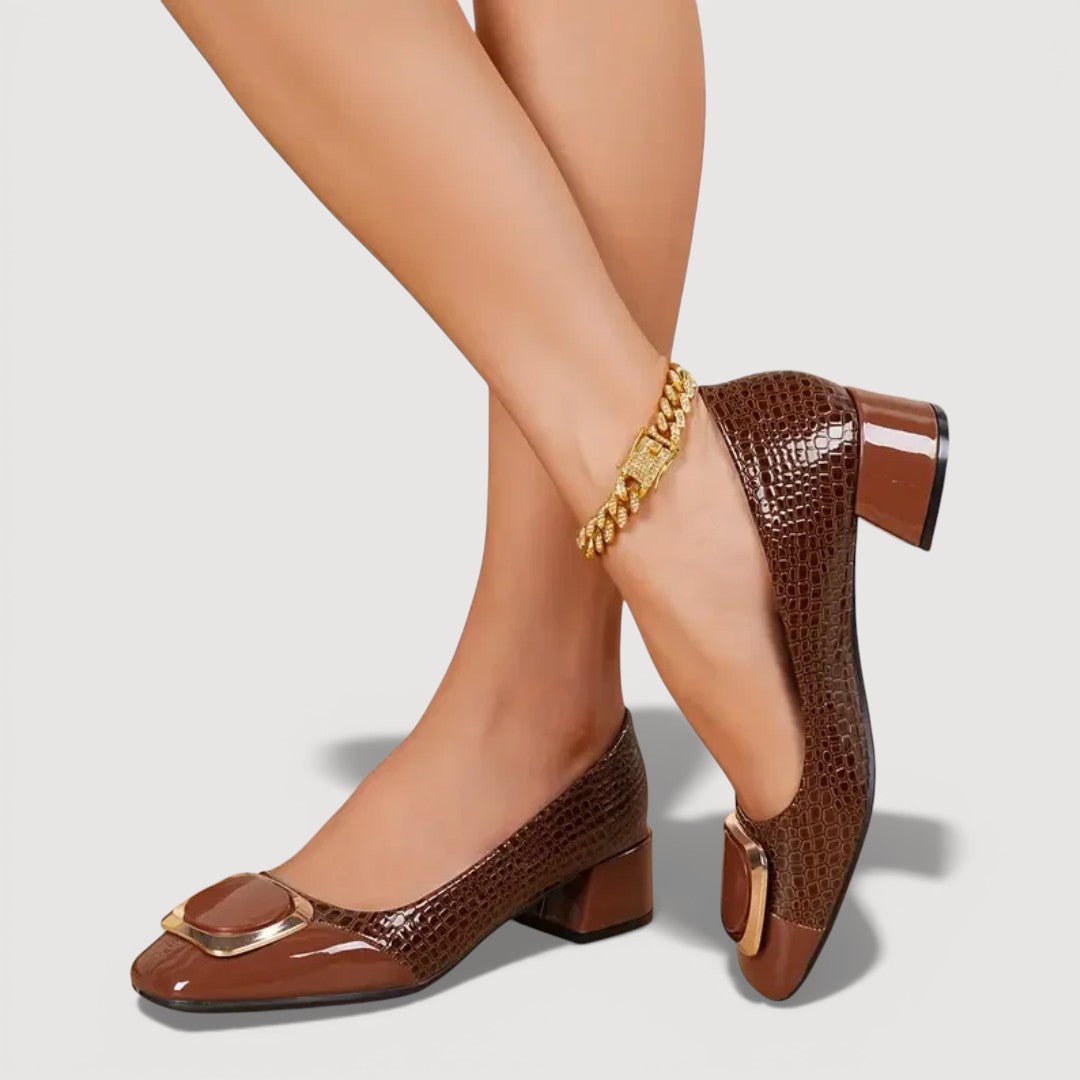 Women's Croc-Embossed Leather Block Heels Corvine
