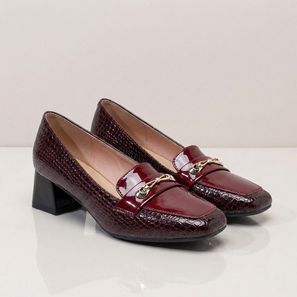 Women's Croc-Embossed Leather Block Heels Corvine