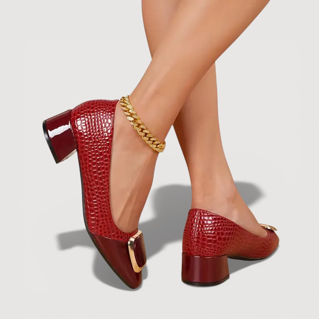 Women's Croc-Embossed Leather Block Heels Corvine