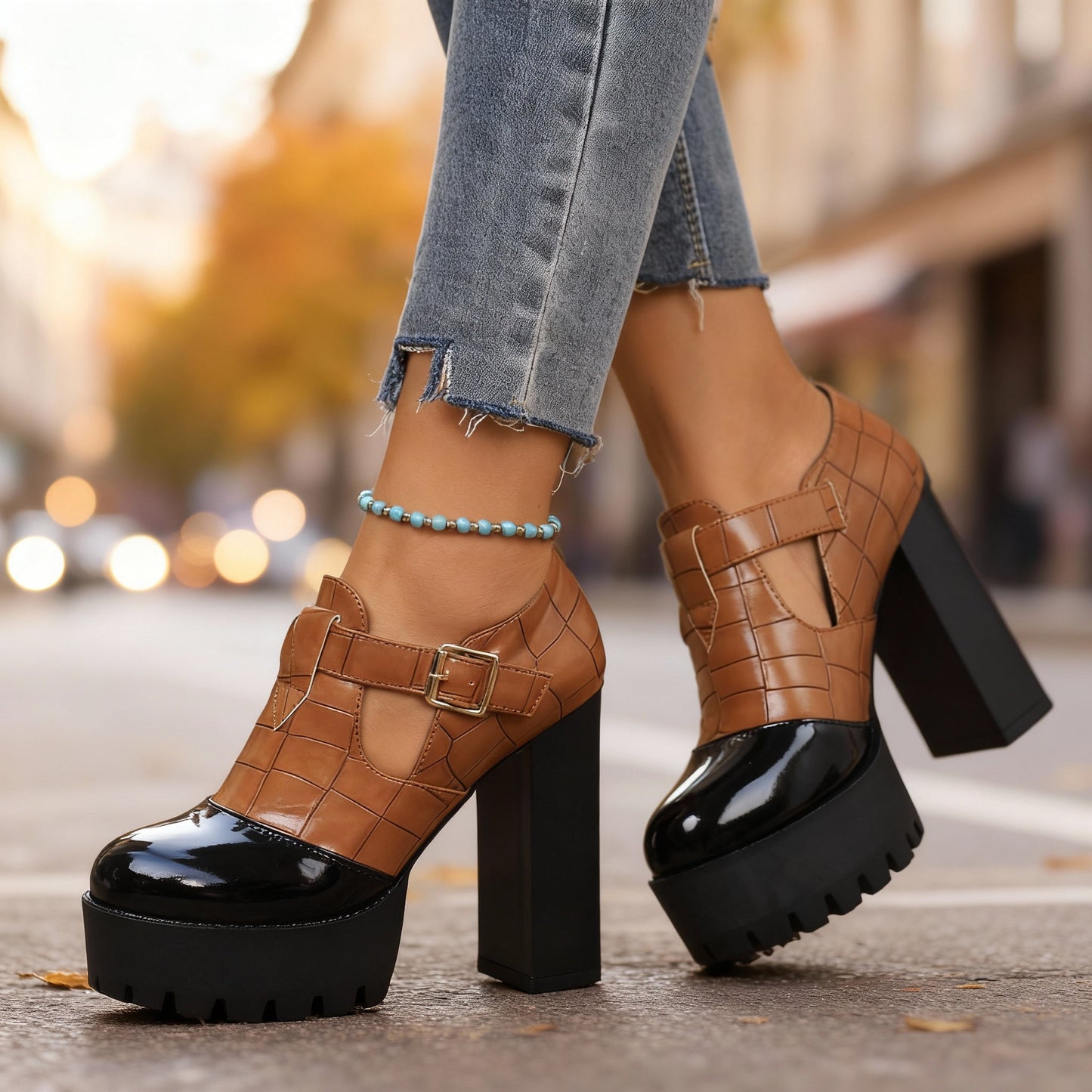 Women's Croc-Embossed Leather Block Heels Corvine