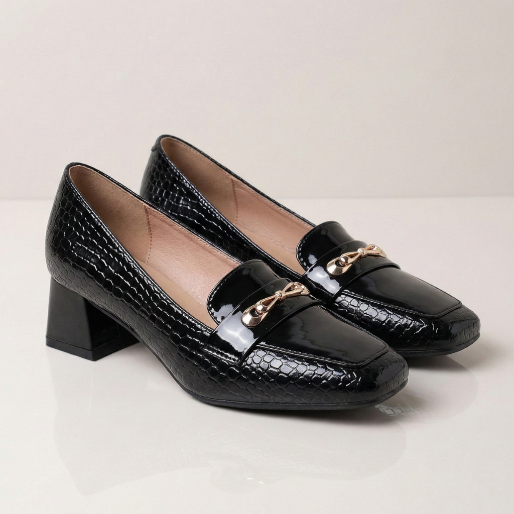 Women's Croc-Embossed Leather Block Heels Corvine