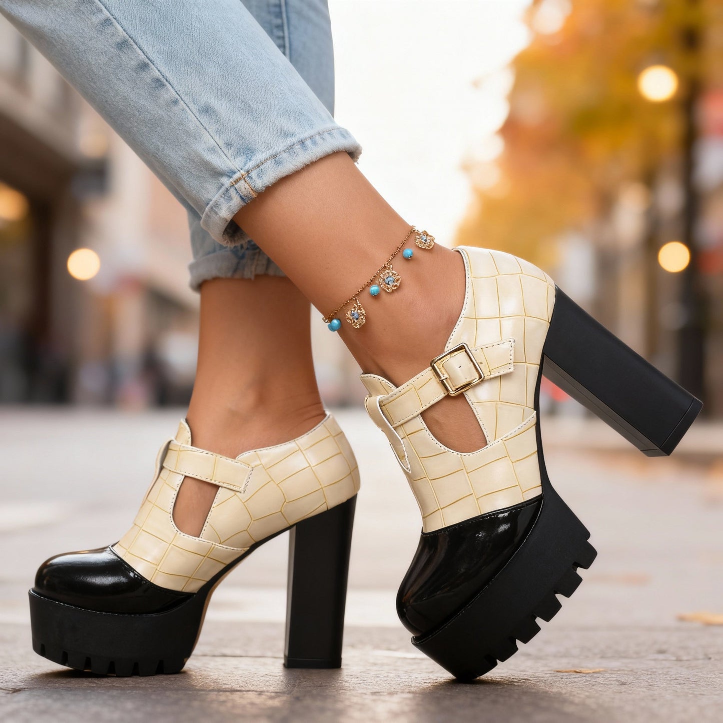 Women's Croc-Embossed Leather Block Heels Corvine