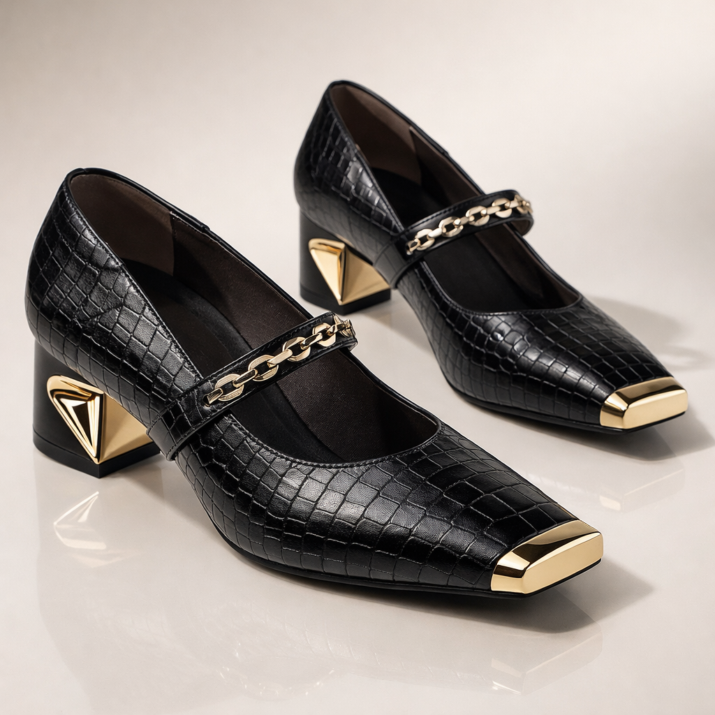 Women's Croc-Embossed Leather Block Heels with Gold Detail Corvine