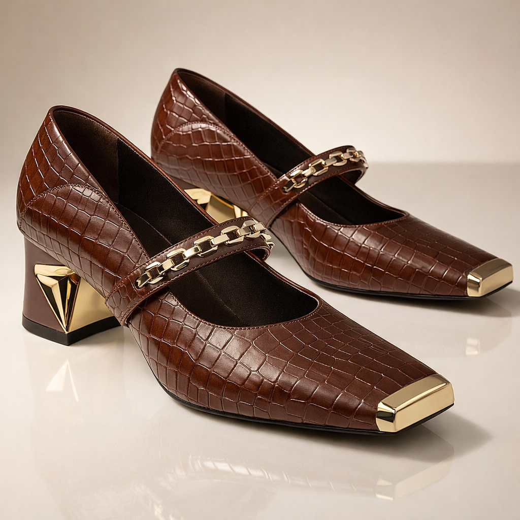 Women's Croc-Embossed Leather Block Heels with Gold Detail Corvine