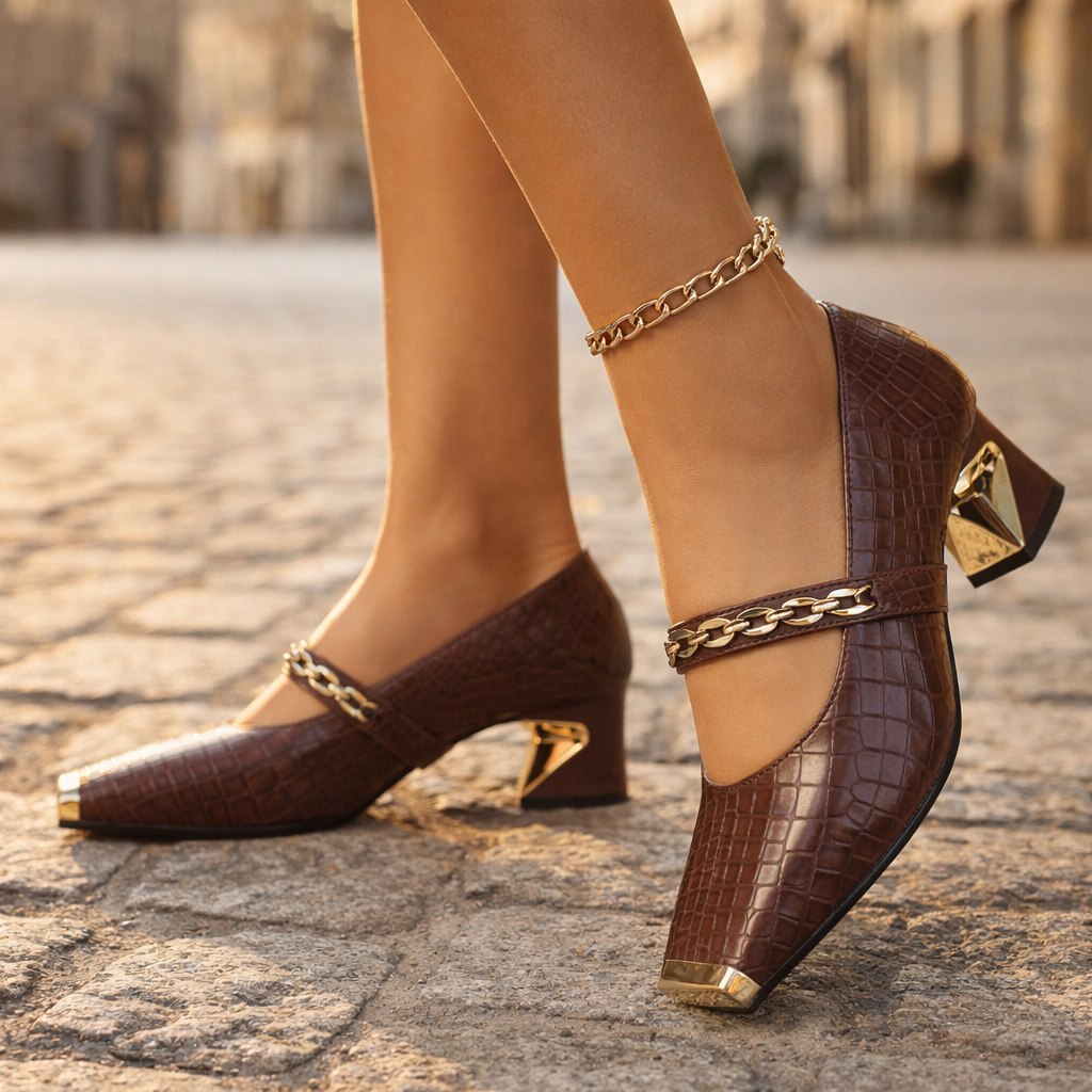Women's Croc-Embossed Leather Block Heels with Gold Detail Corvine