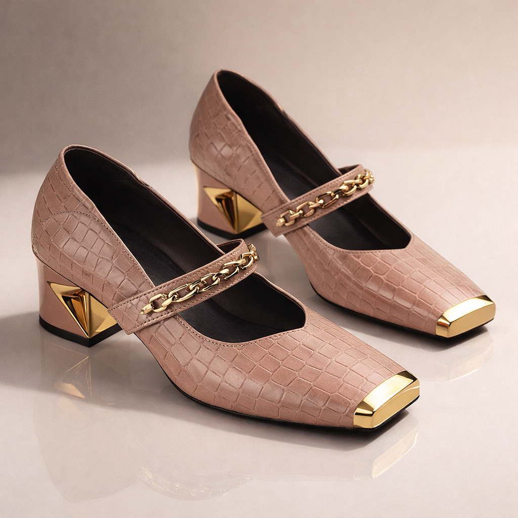 Women's Croc-Embossed Leather Block Heels with Gold Detail Corvine