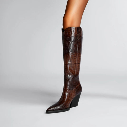 Women's Croc-Embossed Leather Knee High Boots Corvine