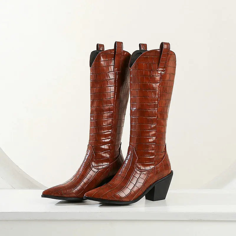 Women's Croc-Embossed Leather Knee High Boots Corvine