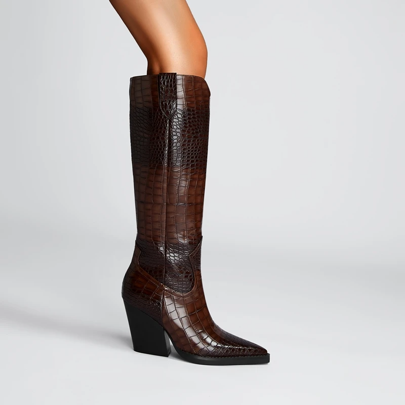 Women's Croc-Embossed Leather Knee High Boots Corvine