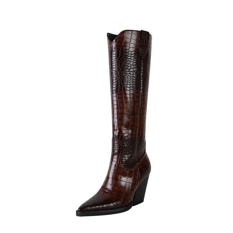 Women's Croc-Embossed Leather Knee High Boots Corvine