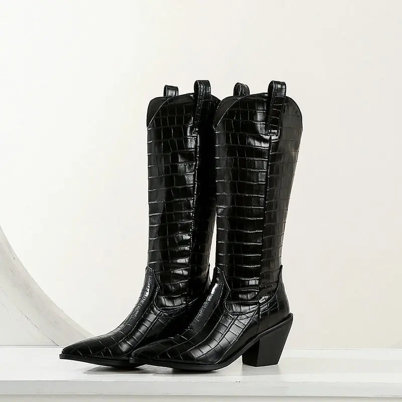 Women's Croc-Embossed Leather Knee High Boots Corvine