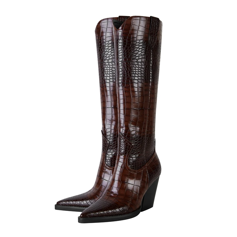 Women's Croc-Embossed Leather Knee High Boots Corvine