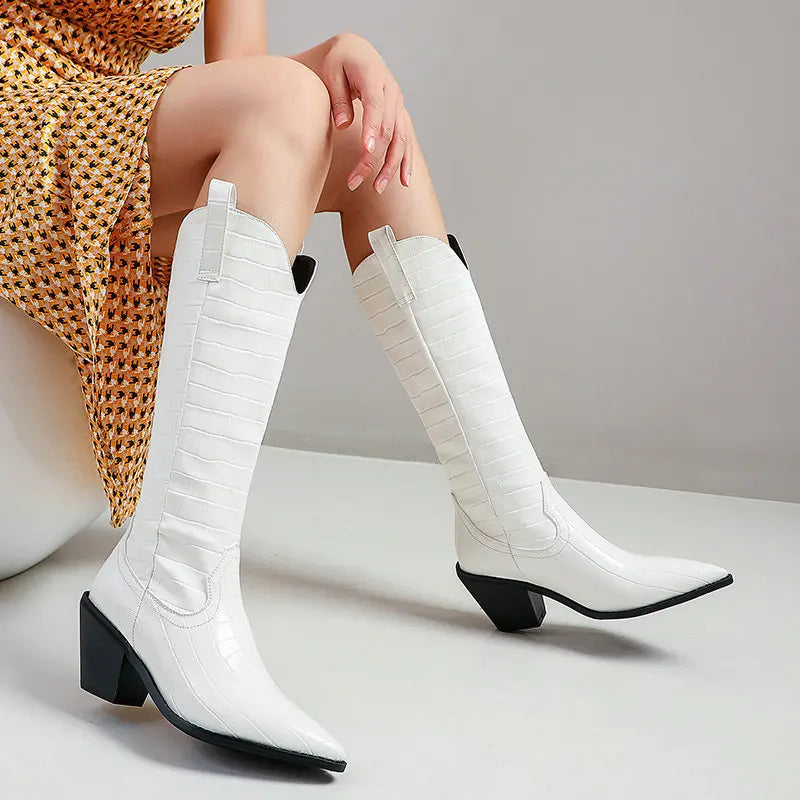 Women's Croc-Embossed Leather Knee High Boots Corvine