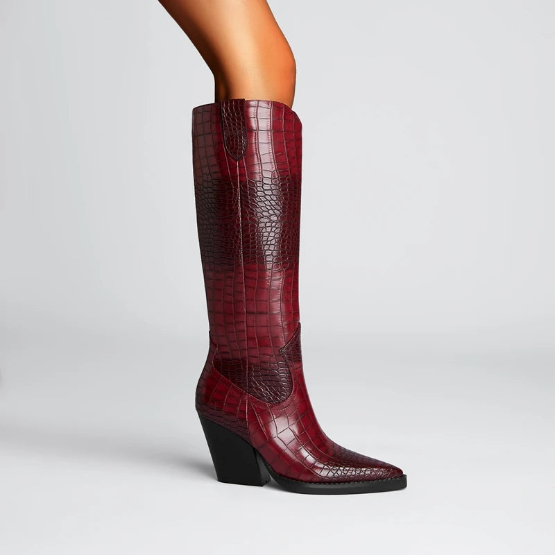 Women's Croc-Embossed Leather Knee High Boots Corvine