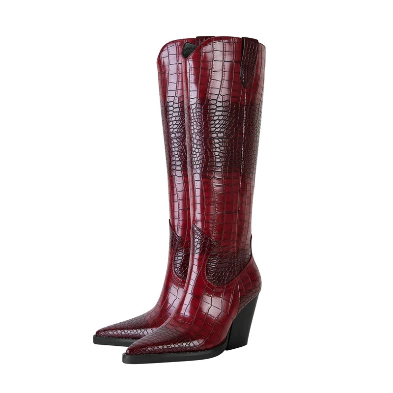 Women's Croc-Embossed Leather Knee High Boots Corvine