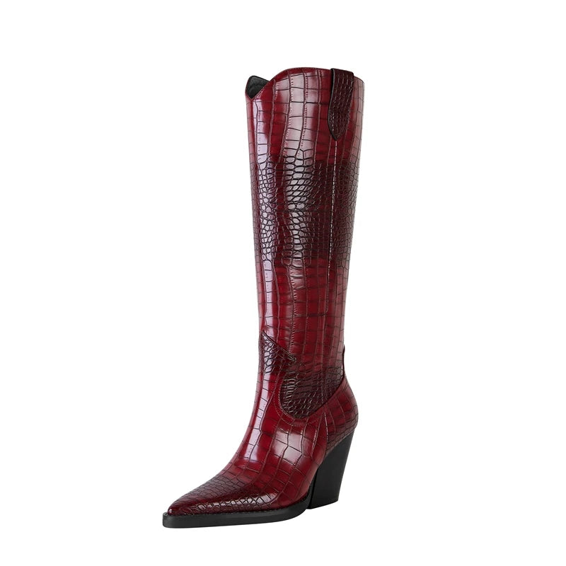 Women's Croc-Embossed Leather Knee High Boots Corvine