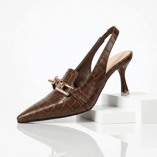 Women's Croc-Embossed Leather Pointed Gold Heels Corvine