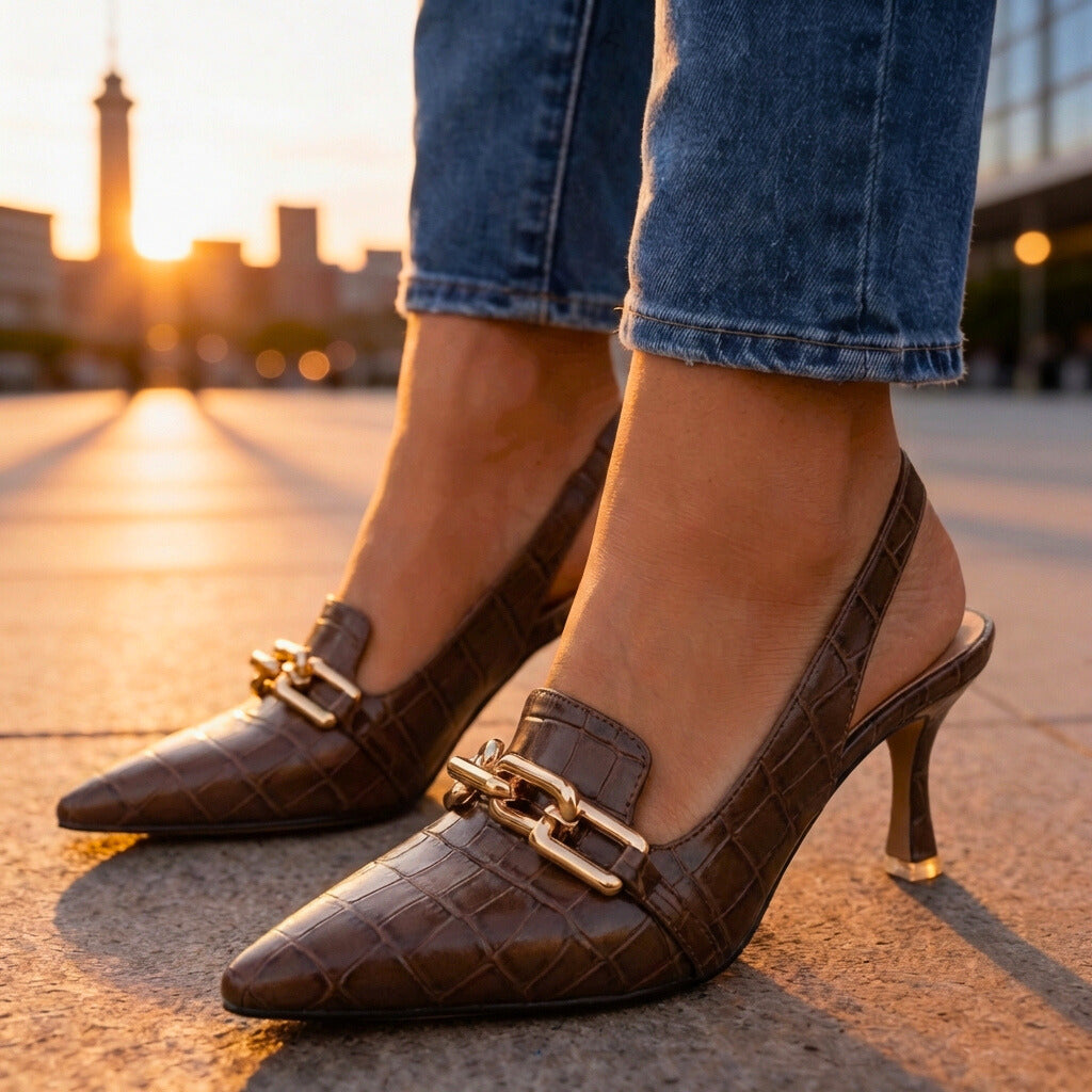 Women's Croc-Embossed Leather Pointed Gold Heels Corvine