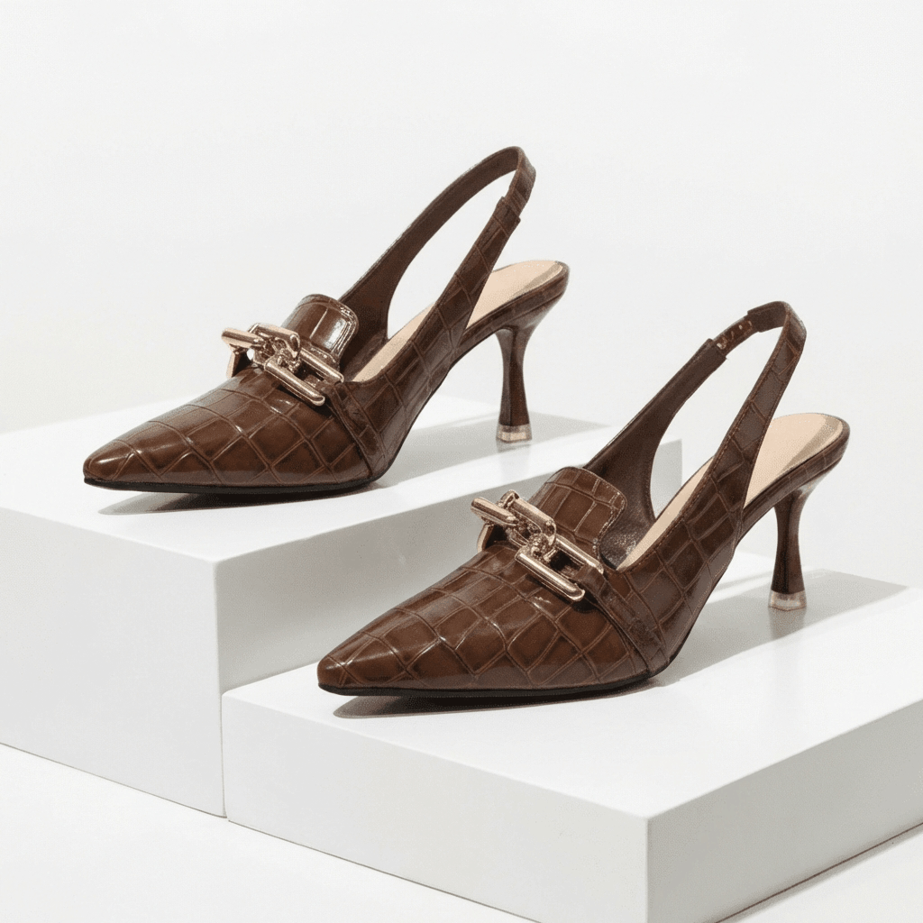 Women's Croc-Embossed Leather Pointed Gold Heels Corvine