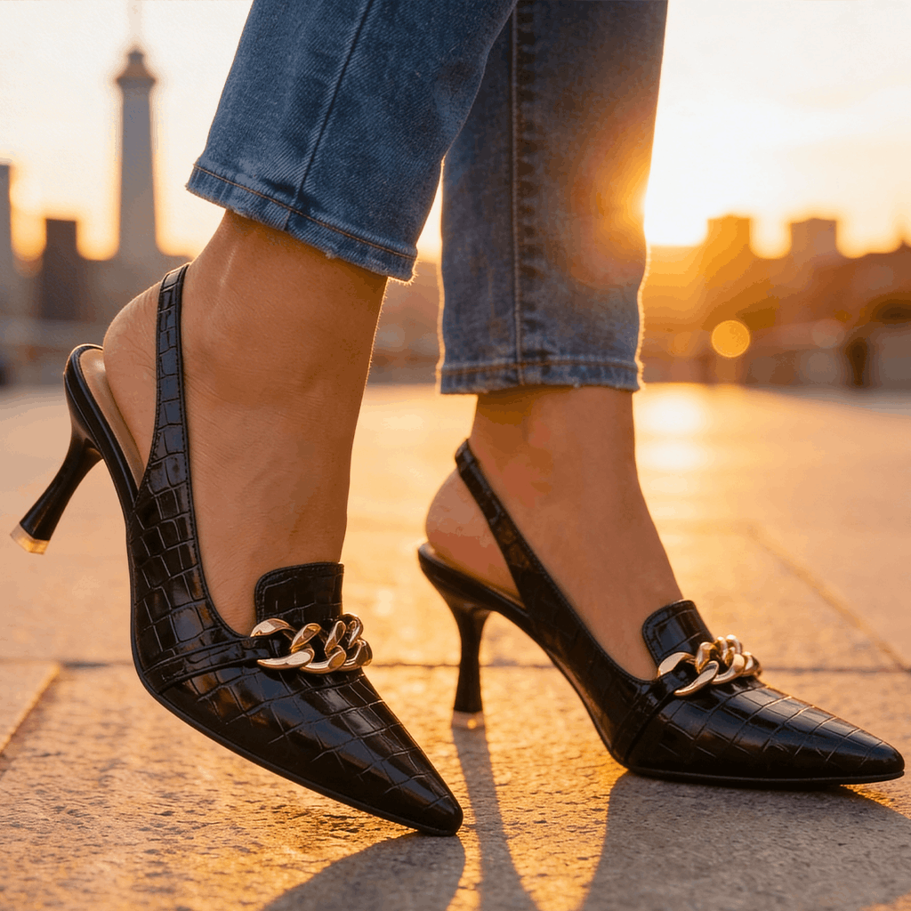 Women's Croc-Embossed Leather Pointed Gold Heels Corvine