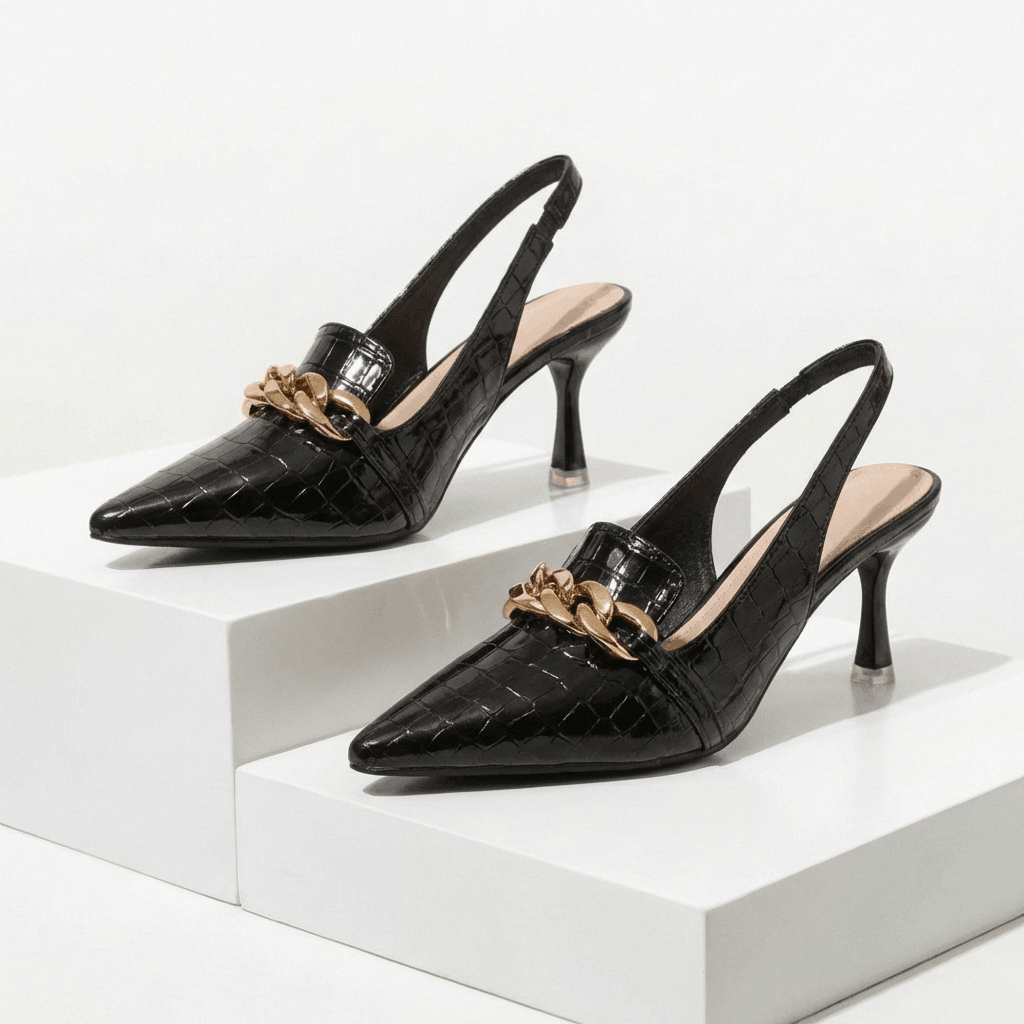 Women's Croc-Embossed Leather Pointed Gold Heels Corvine