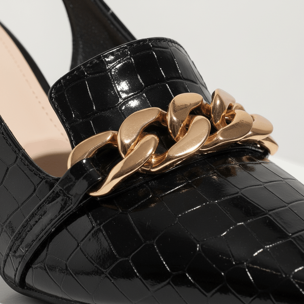 Women's Croc-Embossed Leather Pointed Gold Heels Corvine