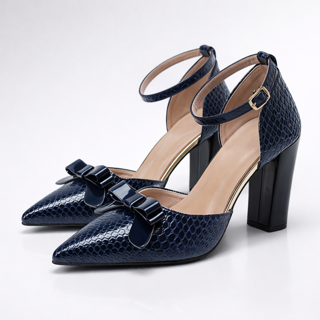 Women's Croc-Embossed Leather Pointed Toe Block Heel Shoes Corvine