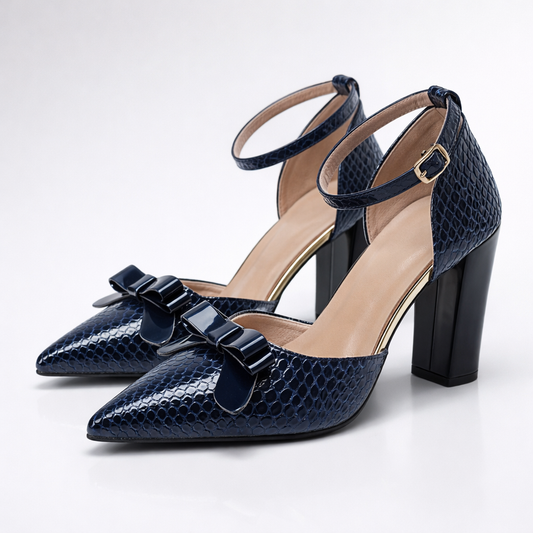 Women's Croc-Embossed Leather Pointed Toe Block Heel Shoes Corvine