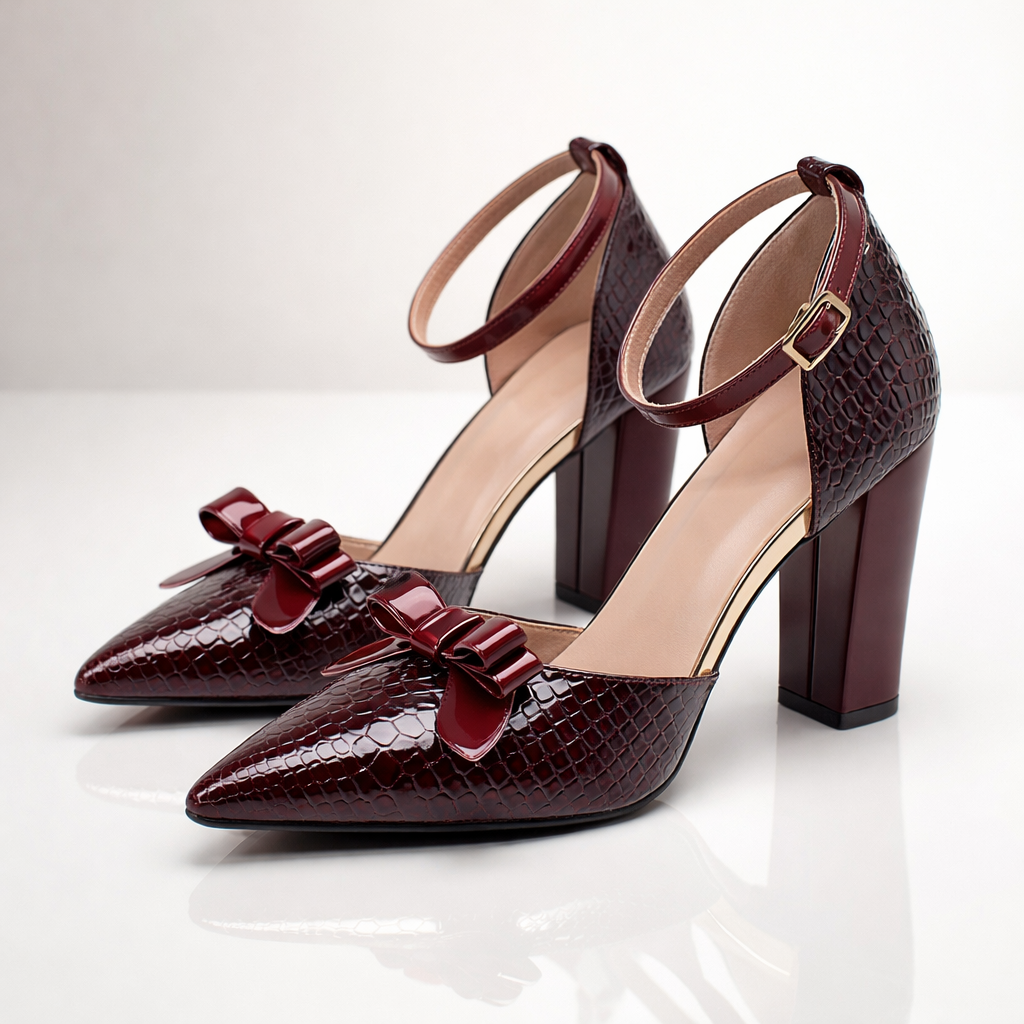 Women's Croc-Embossed Leather Pointed Toe Block Heel Shoes Corvine