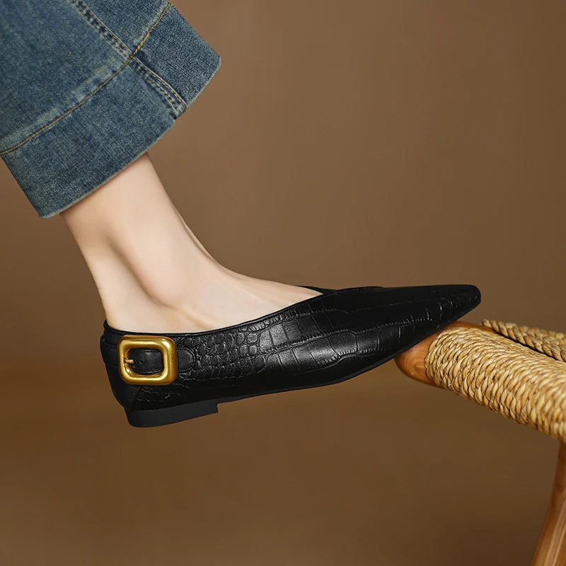 Women's Croc-Embossed Leather Pointed Toe Flats Corvine