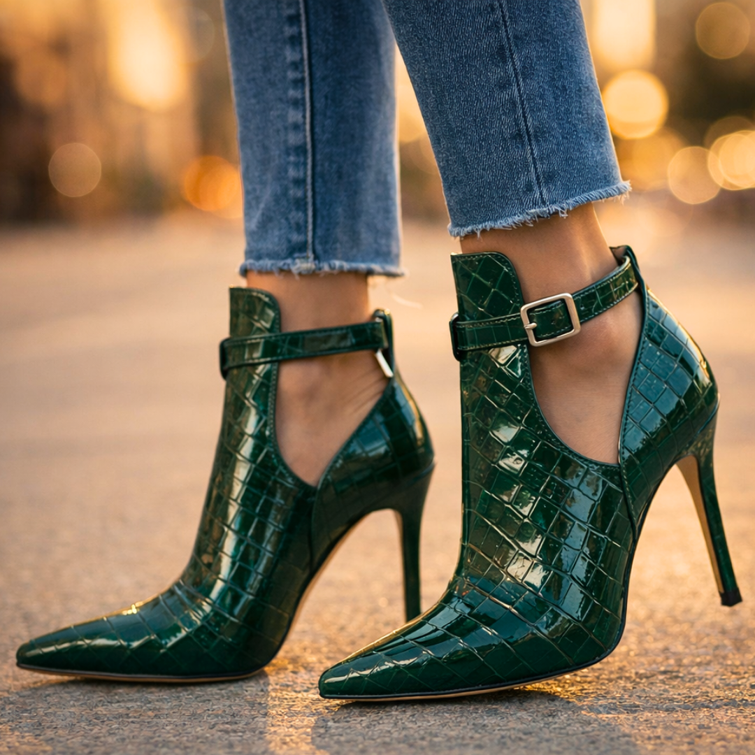 Women's Croc-Embossed Leather Stiletto Heel Booties Corvine