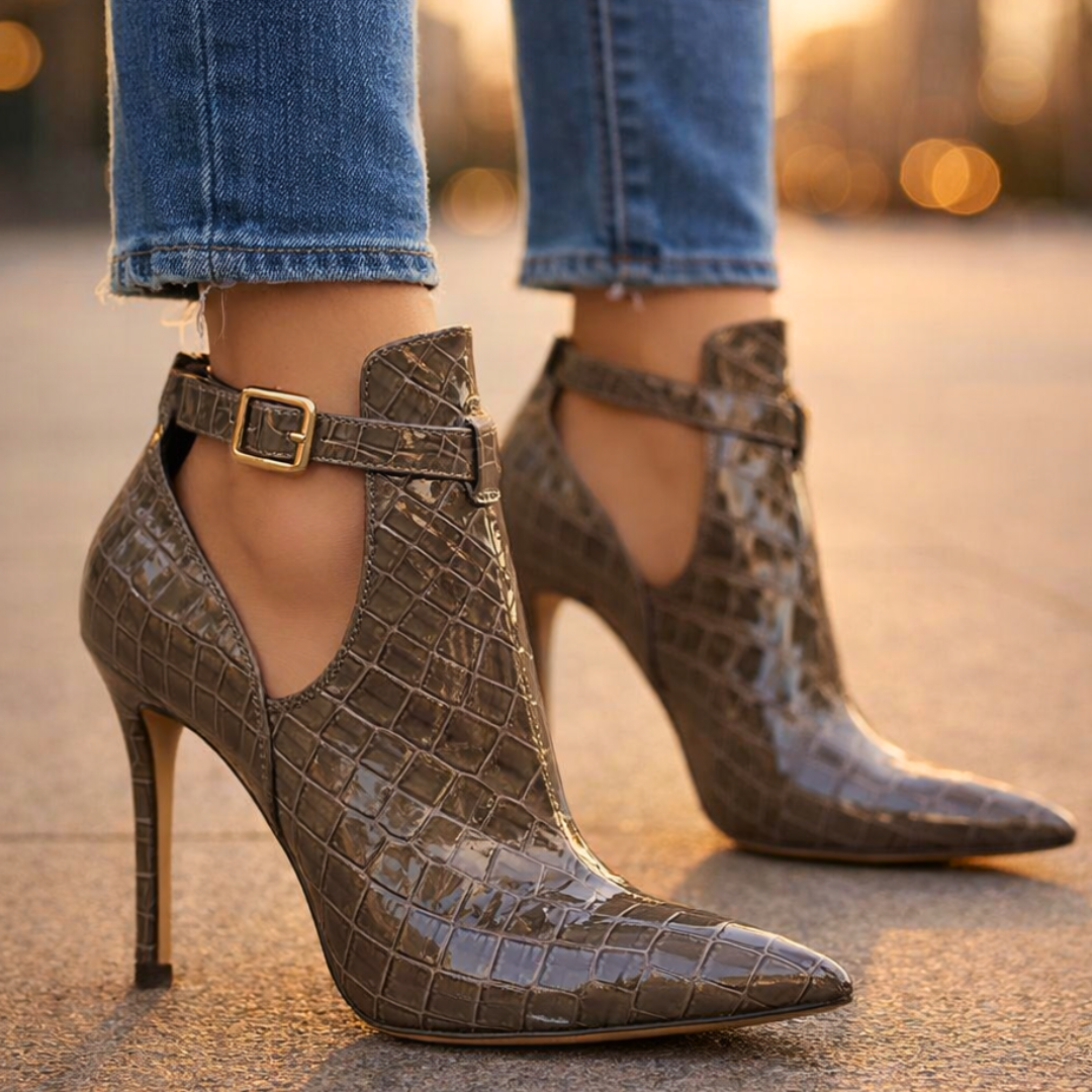Women's Croc-Embossed Leather Stiletto Heel Booties Corvine