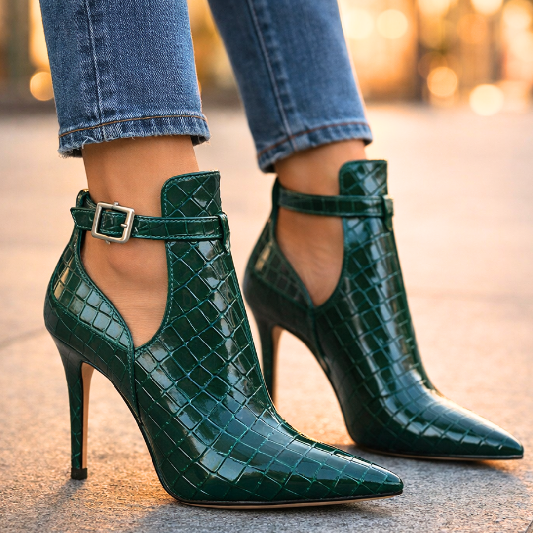 Women's Croc-Embossed Leather Stiletto Heel Booties Corvine