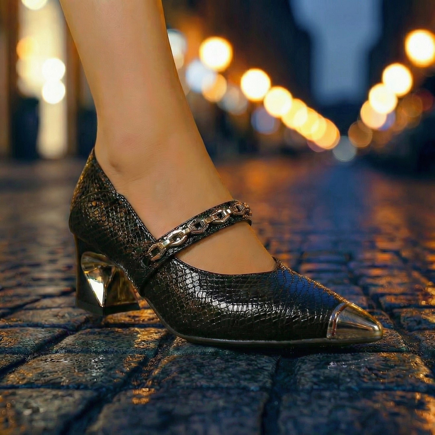 Women's Croc-Embossed Vegan Leather Block Heel Pumps Corvine