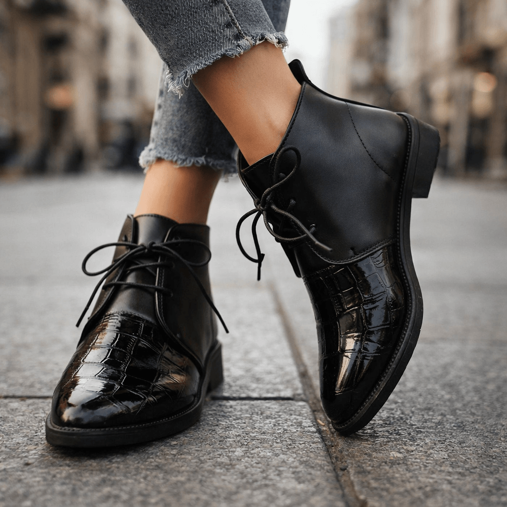 Women's Croc-Pattern Leather Black Ankle Boots Corvine