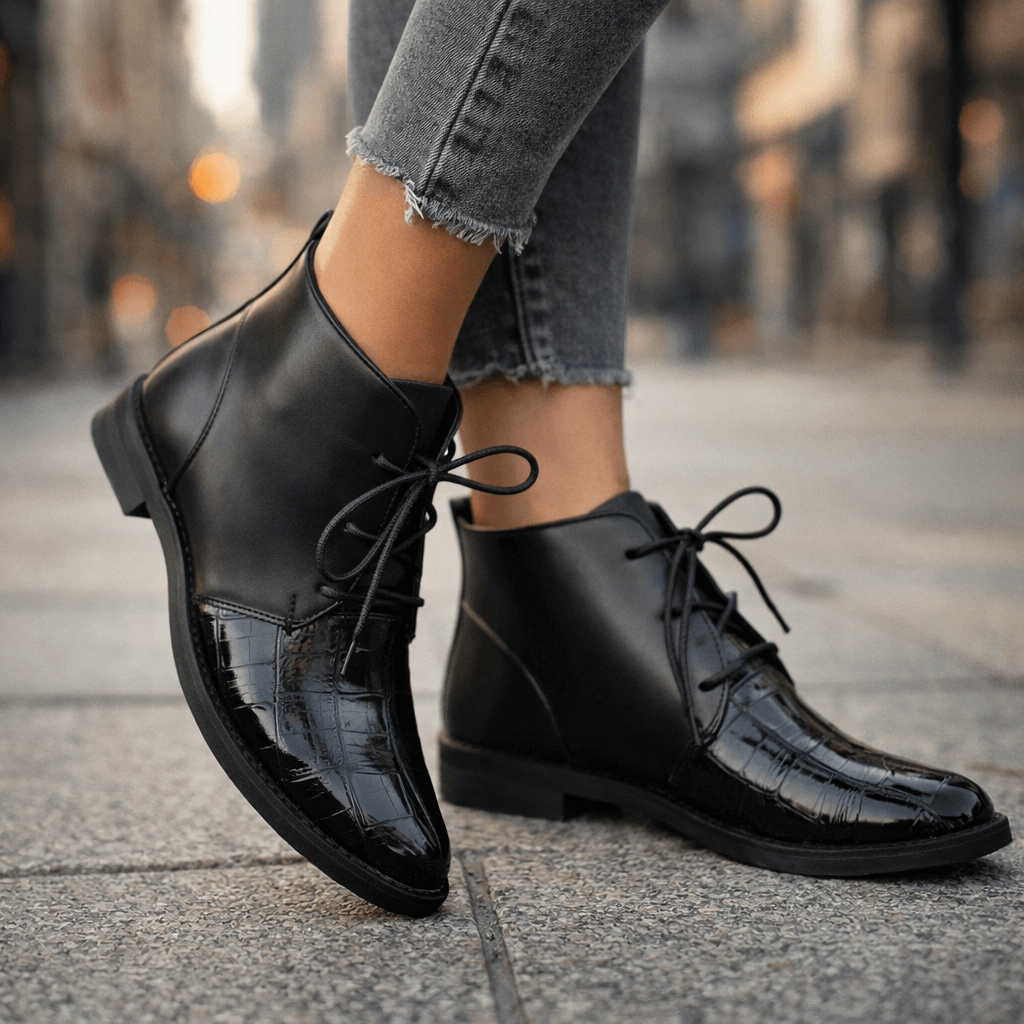 Women's Croc-Pattern Leather Black Ankle Boots Corvine