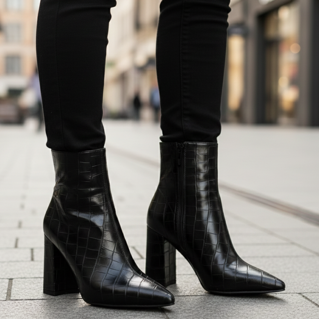 Women's Croc-Textured Black Ankle Boots Corvine