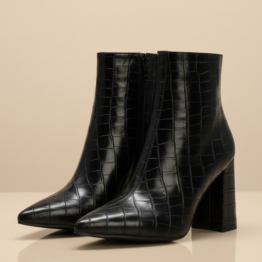 Women's Croc-Textured Black Ankle Boots Corvine