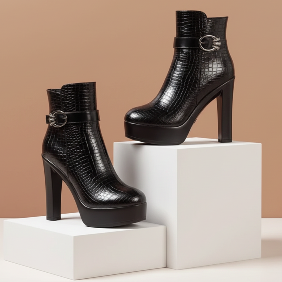 Women's Croc-Textured Black Platform Boots Corvine