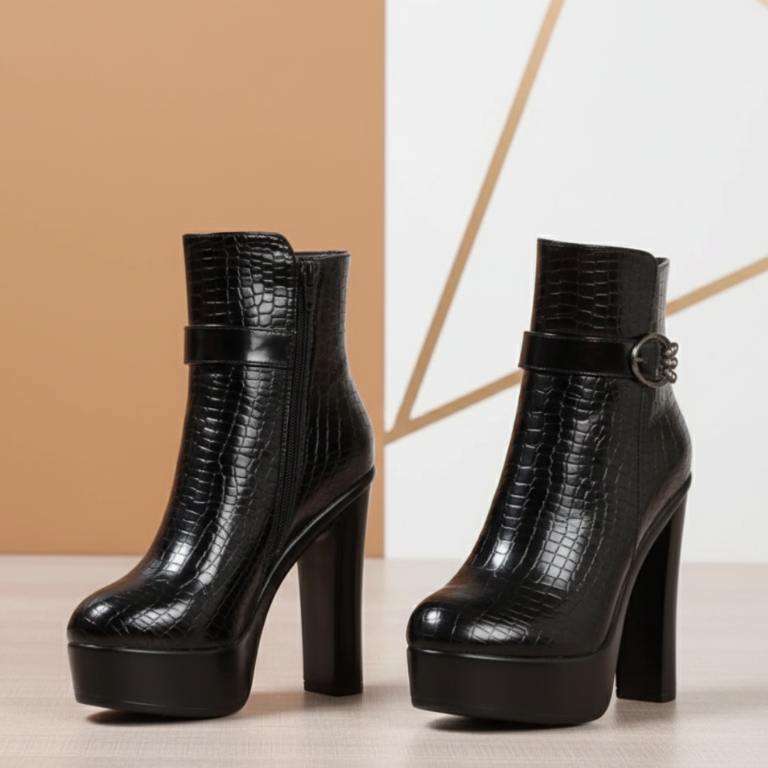 Women's Croc-Textured Black Platform Boots Corvine
