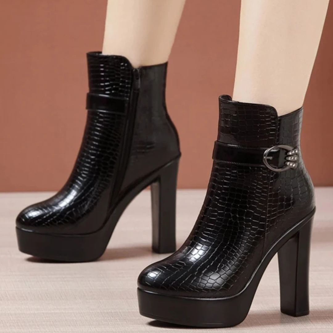 Women's Croc-Textured Black Platform Boots Corvine