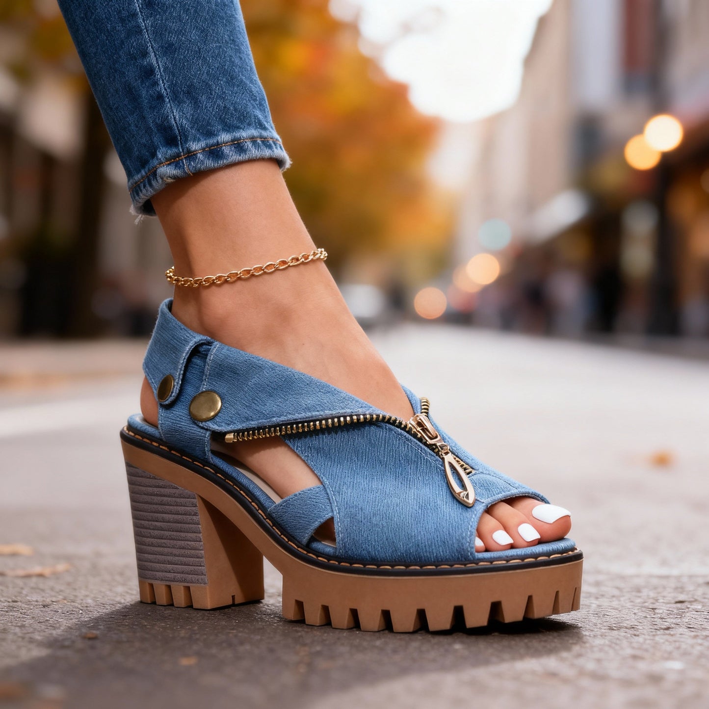 Women's Crossover Zip Front Denim Heels Corvine