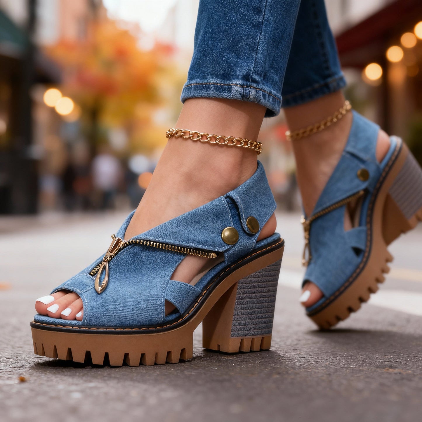 Women's Crossover Zip Front Denim Heels Corvine