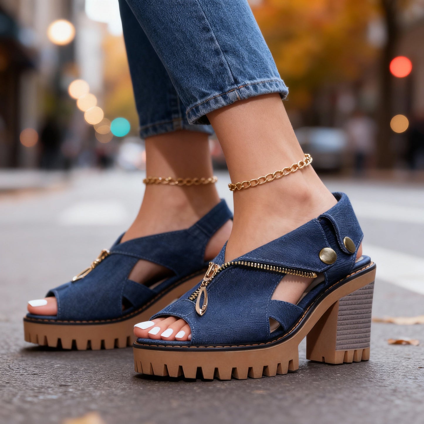 Women's Crossover Zip Front Denim Heels Corvine