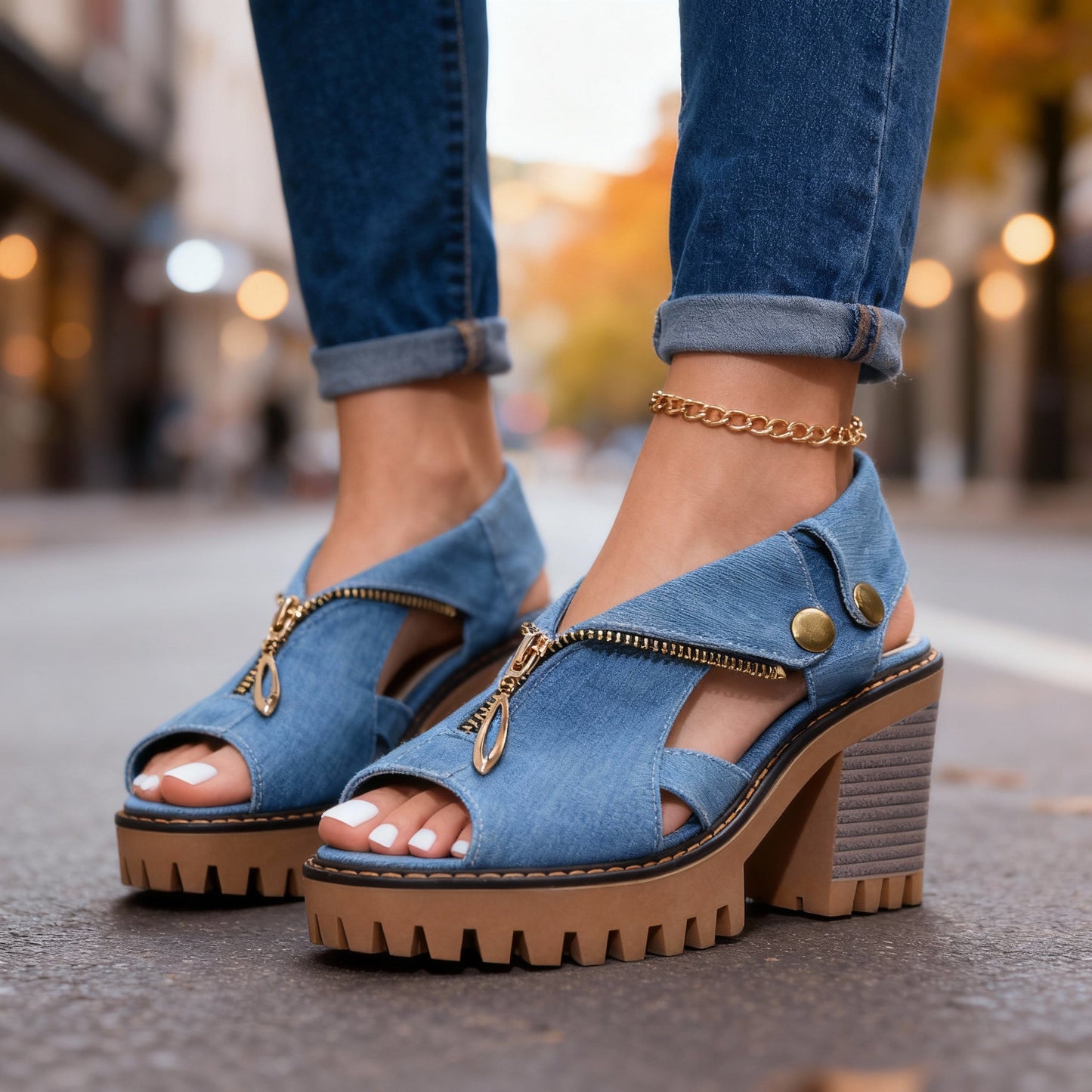 Women's Crossover Zip Front Denim Heels Corvine